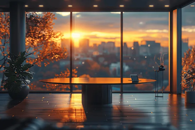 Defocused office meeting table by panoramic windows at sunset with warm ceiling lights