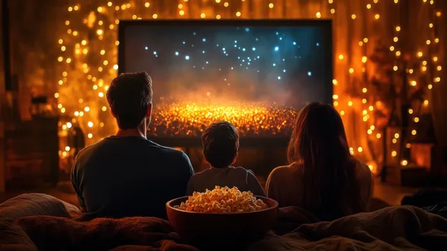 Three people on a couch watch a glowing TV while a bowl of popcorn sits in the foreground under warm string lights.