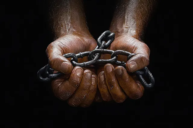 Close-up of dark-skinned hands gripping rusty metal chains against a dark background