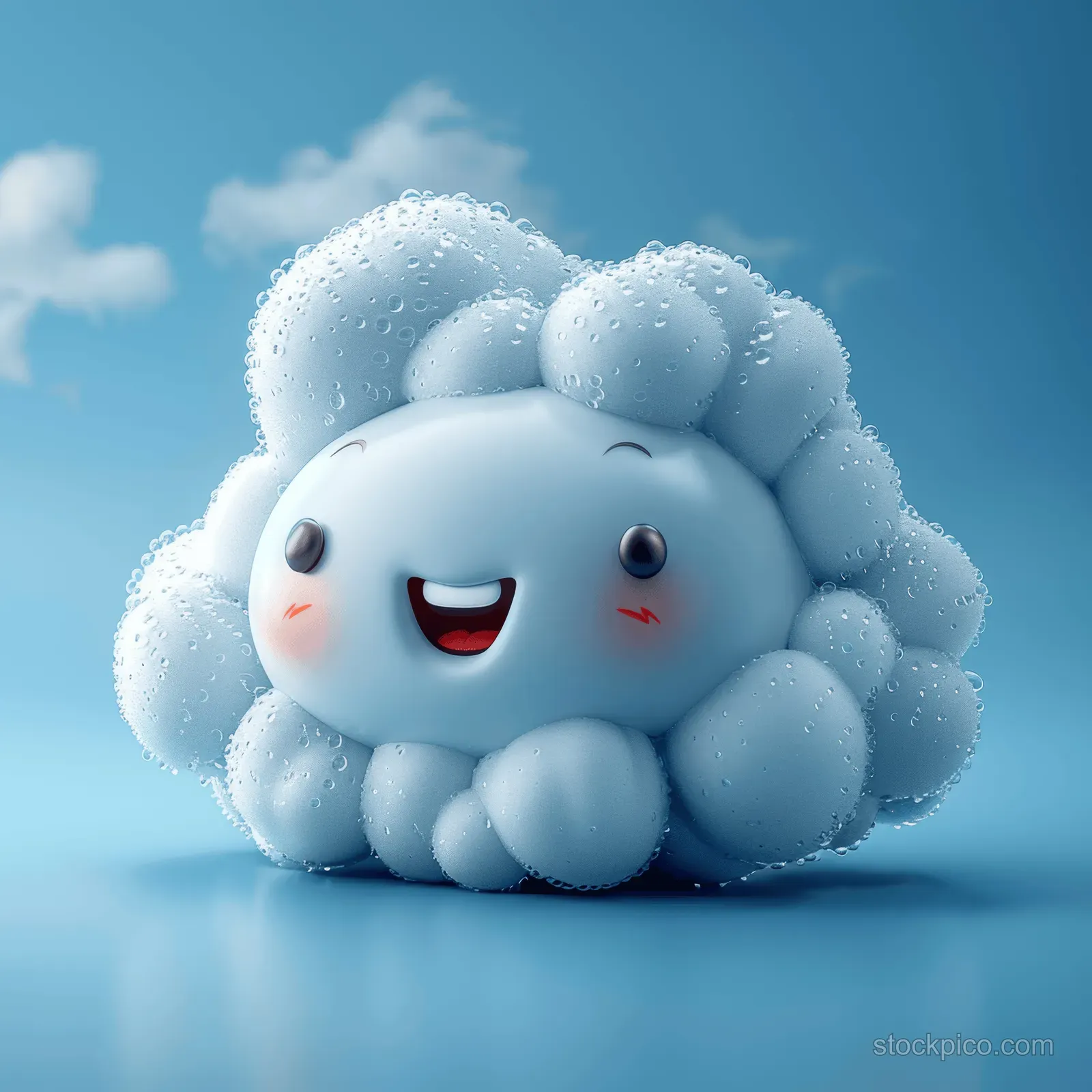 A fluffy 3D cartoon cloud with big eyes and a smiling face floats against a blue sky background.