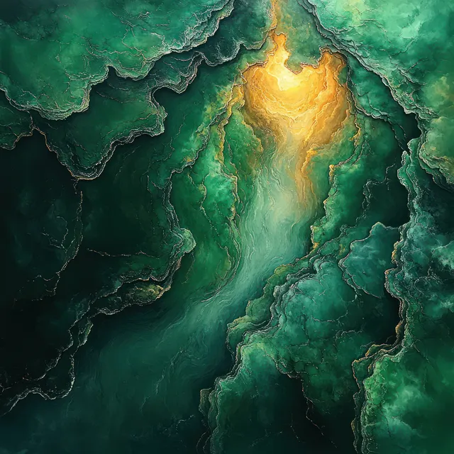 Green abstract portrait of a young woman, fluid textures and glowing organic contours