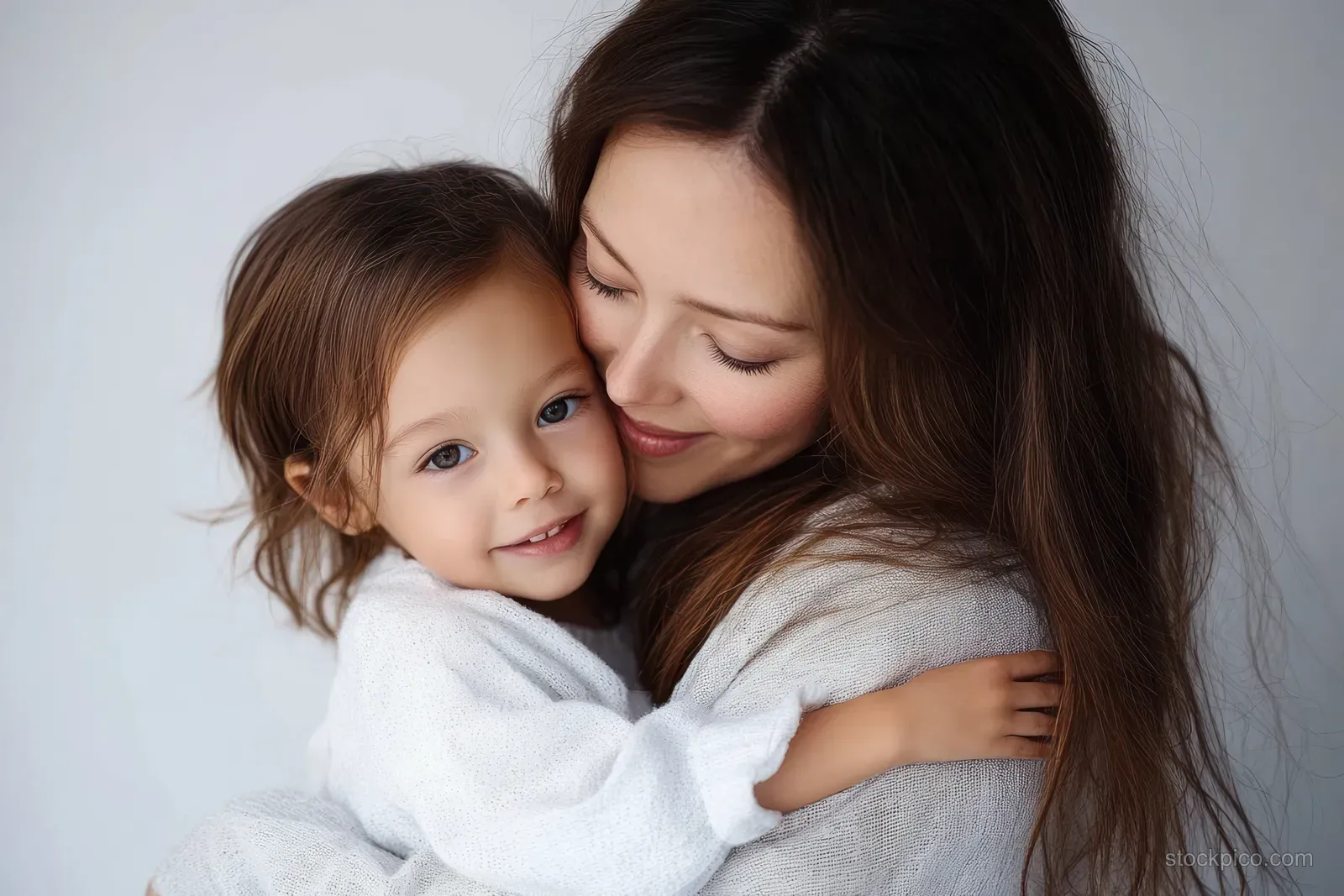 A mother embraces her young daughter in a tender hug against a neutral background.