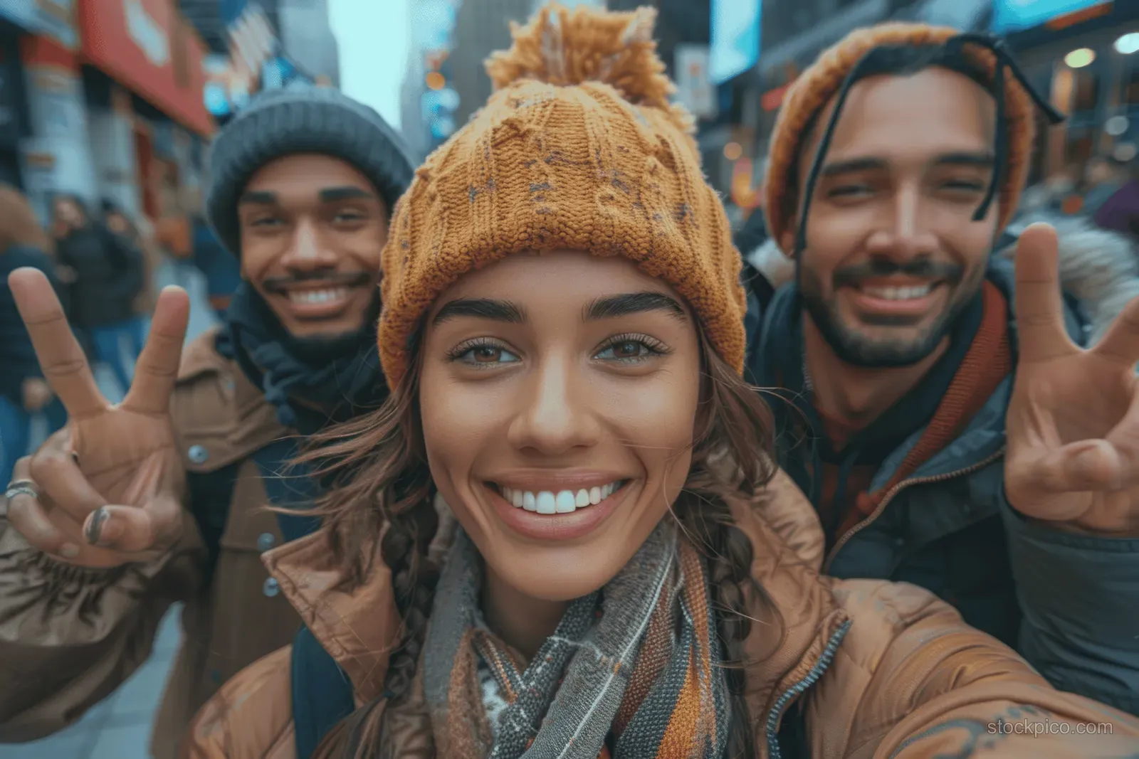 A diverse group of friends smiles for a nighttime city selfie while making peace and victory hand signs.