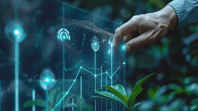 Business hand tapping an upward arrow on a glowing financial dashboard with charts