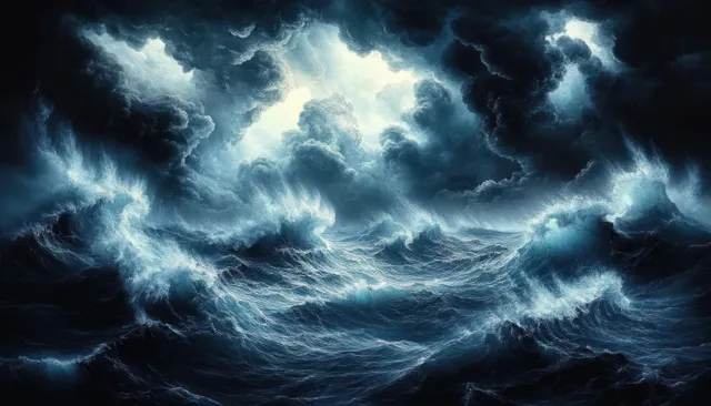 Stormy ocean waves churn beneath dark clouds as bright light beams break through