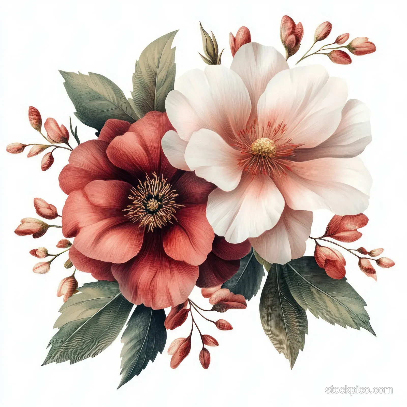 Watercolor bouquet of red and cream flowers with green leaves and small reddish stems on a white background.