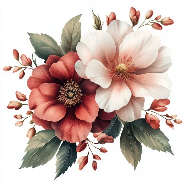 Watercolor bouquet of red and cream flowers with green leaves and small reddish stems on a white background.