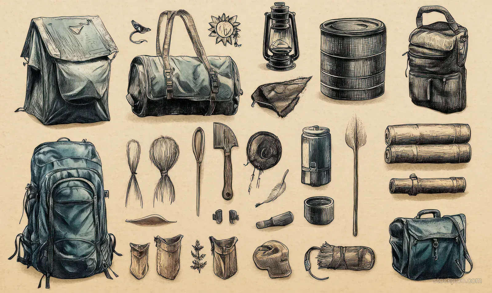 Hand-drawn vintage camping gear icons on a beige background including a tent, lantern, axe, thermos, and backpacks.