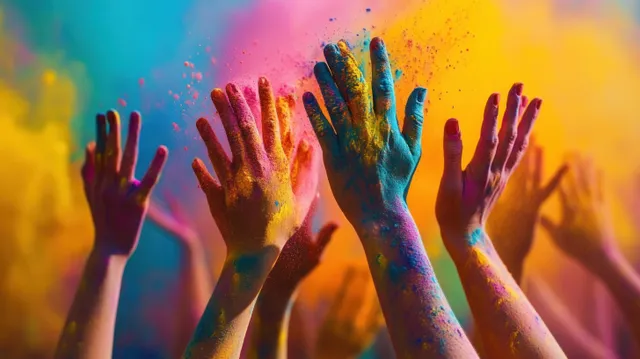 Raised hands covered in colorful powder splash through the air during a vibrant festival celebration.