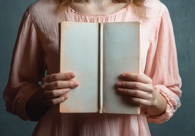 Person holding an open book in a pastel pink shirt on a textured background