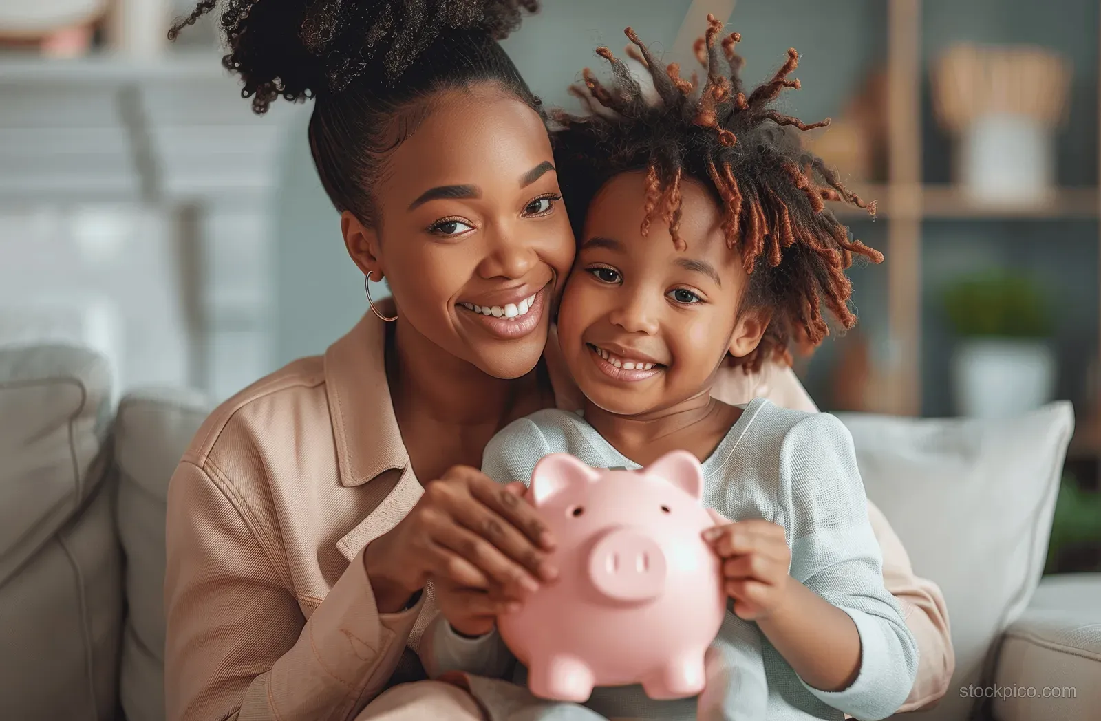 African American mother and daughter smile while holding a pink piggy bank on a couch.