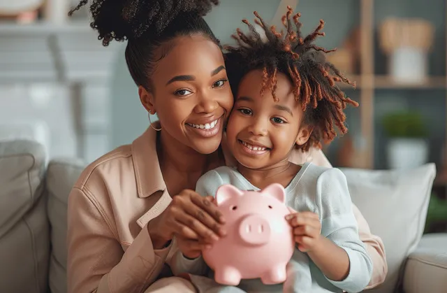 African American mother and daughter smiling while holding a pink piggy bank on sofa