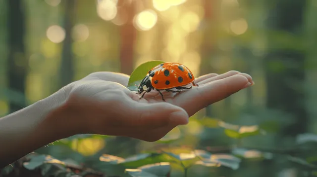 A hand holds a red ladybug with black spots above leafy green foliage in warm sunlight.