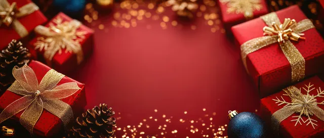 Red Christmas gift boxes and ornaments frame a glowing red center wreath with snowflake patterns.