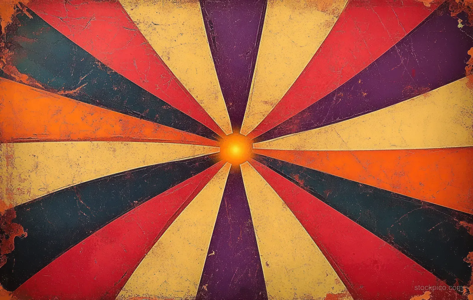 Distressed retro sunburst background with orange, purple, and yellow rays radiating from a glowing center.