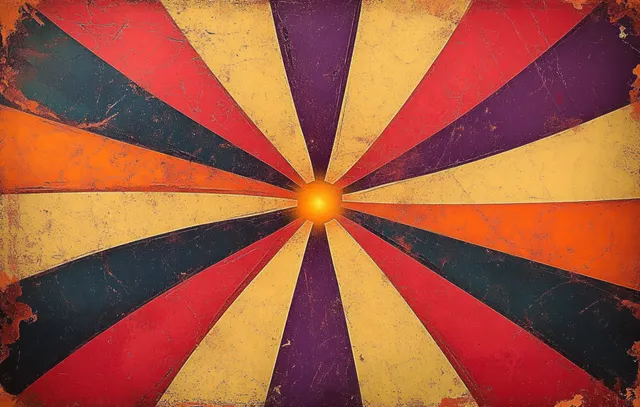 Distressed retro sunburst background with orange, purple, and yellow rays radiating from a glowing center.