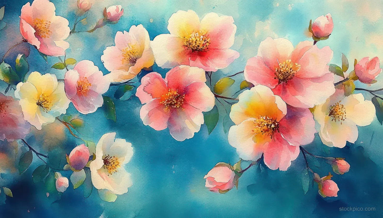 Pink and yellow watercolor blossoms with buds on a blue textured background.
