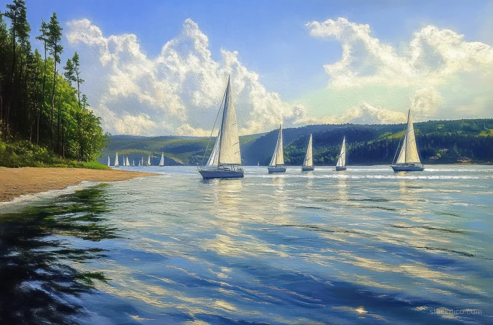 Several sailboats glide across calm lake water near a green forested shoreline under a partly cloudy blue sky.