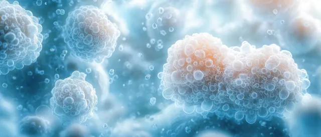 Abstract white blood cell shapes and glowing bubbles in a soft blue immune defense macro background.