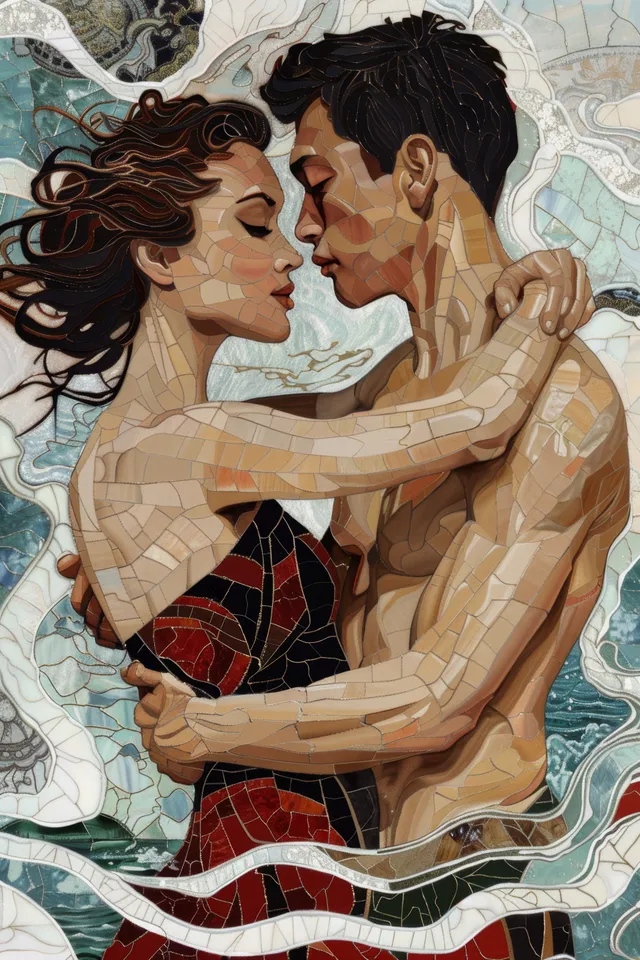 Two artistic swimmers hold a synchronized pose in the pool amid swirling water patterns and detailed costumes.
