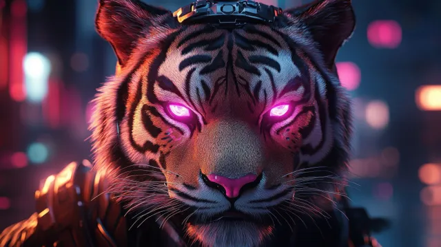 A cybernetic tiger with glowing neon eyes stands in a dramatic futuristic city, showcasing intricate mechanical details and backlighting.