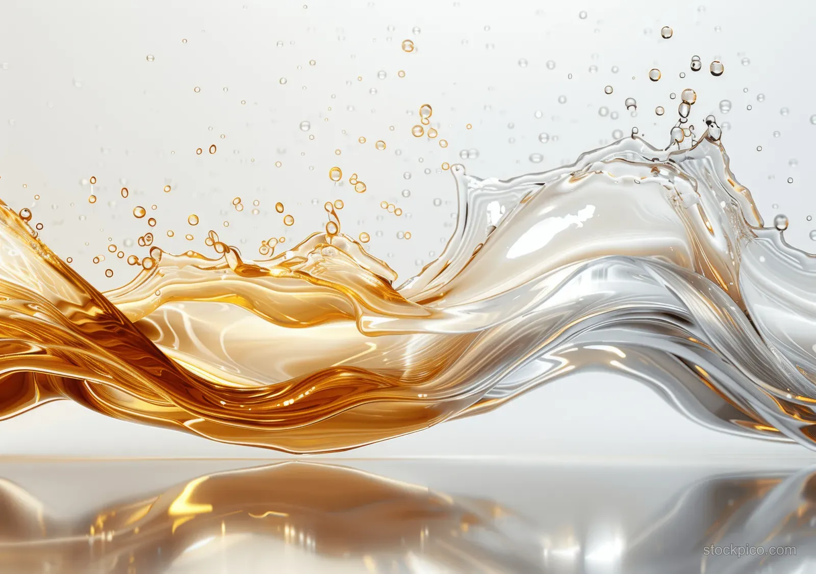 Golden and silver liquid wave and splash with sparkling bubbles on a white background.