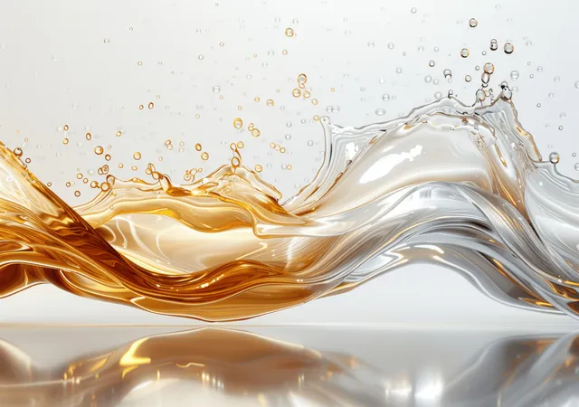 Golden and silver liquid wave with sparkling splash over white backdrop