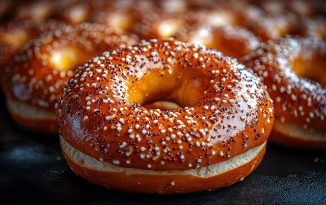 Salted pretzels arranged in soft daylight with glistening salt grains and gentle shadows