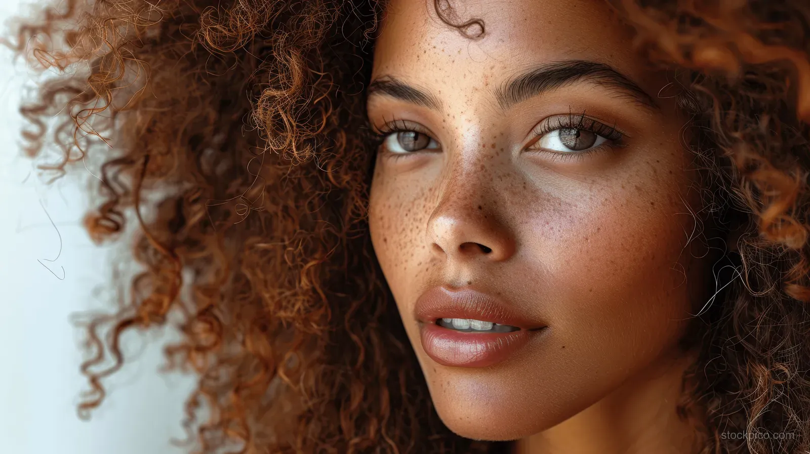 Portrait of an African American woman with curly afro hair against a white background.