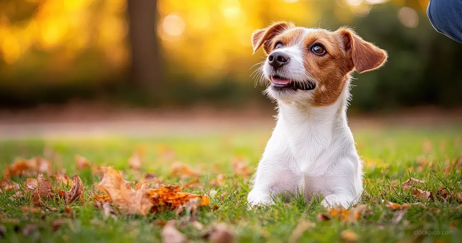 Small white-and-brown dog lying on autumn grass, looking up with warm sunlight and fallen leaves behind.