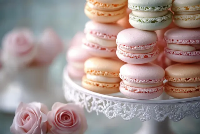 Pastel macarons stacked on an ornate white tray beside soft pink roses
