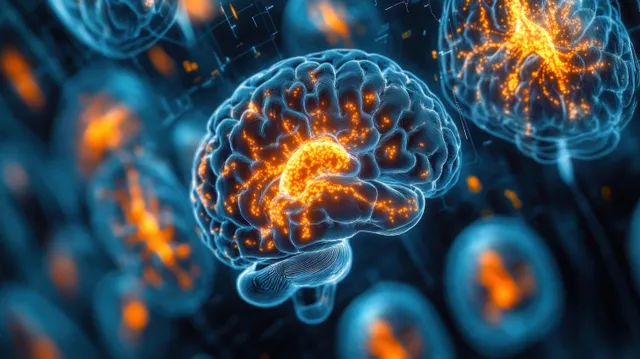 A glowing brain scan visualization with bright neural activity highlights on a dark medical tech background.