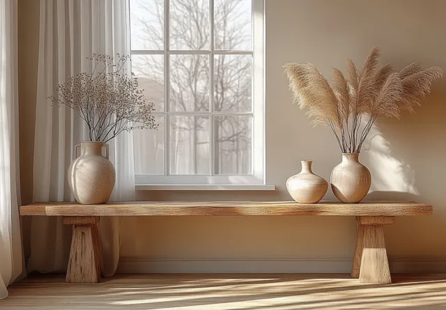 Wooden sideboard under a sunlit window with two vases and dried pampas grass glowing softly.