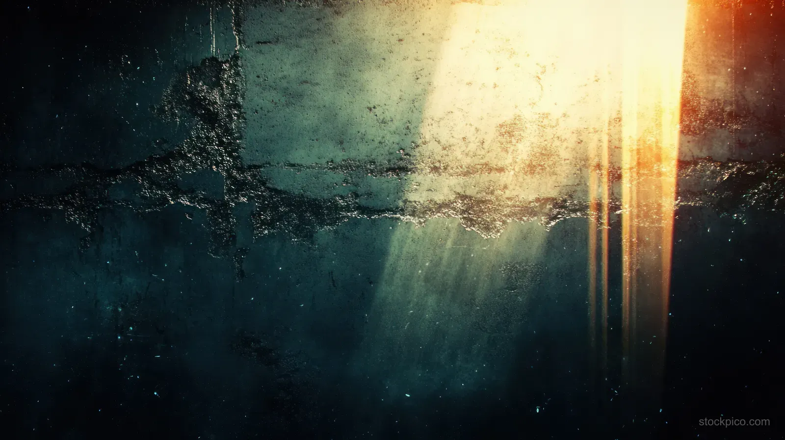 Dark abstract textured wall with warm vertical light beams, rust streaks, and film grain.