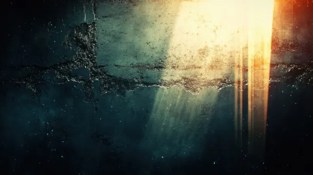 Dark abstract textured wall with warm vertical light beams, rust streaks, and film grain.