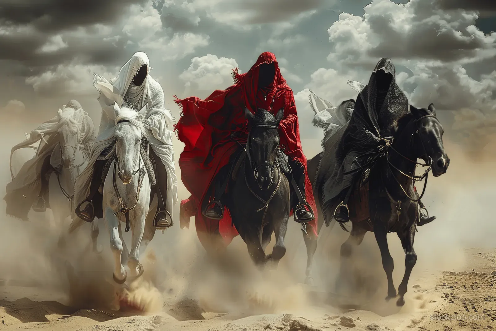 Four hooded horsemen in white, red, and black gallop through a dusty desert under storm clouds.