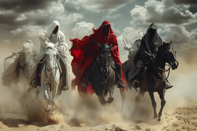 Four hooded horsemen in white, red, and black gallop through a dusty desert under storm clouds.