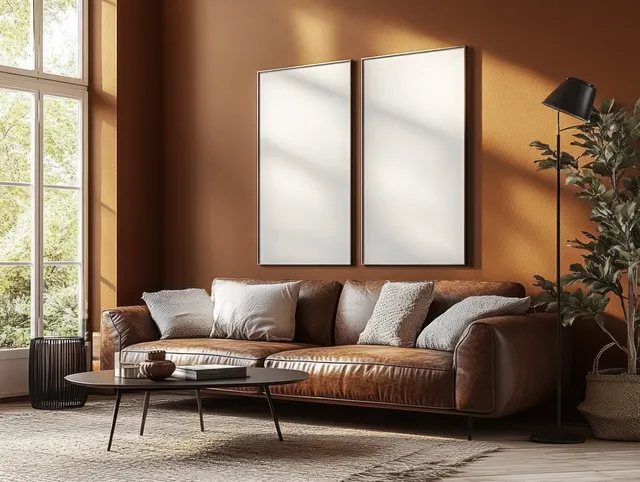 Sunlit living room shows a brown wall, modern sofa with pillows, blank wall frames, and a floor lamp beside a plant.