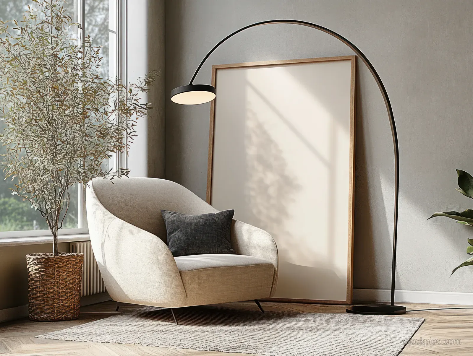 Curved armchair beside a lit floor lamp and an empty large framed artwork in a minimalist Scandinavian living room.