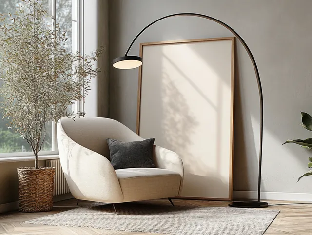 Curved armchair beside a lit floor lamp and an empty large framed artwork in a minimalist Scandinavian living room.