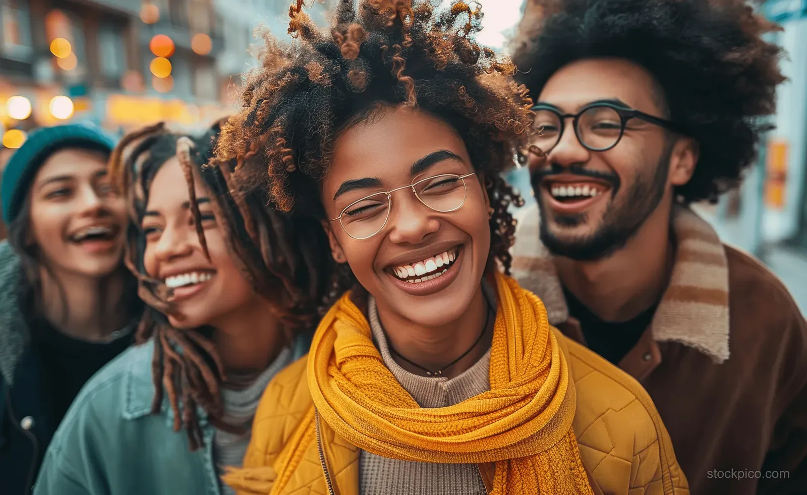 A diverse group of friends laughing together on a city street with warm evening bokeh lights.