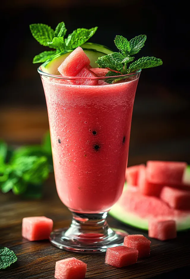 A tall glass of pink watermelon smoothie garnished with mint leaves and watermelon cubes on a dark tabletop.