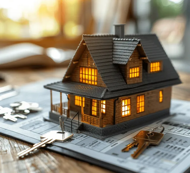 Miniature house model lit on office desk beside keys and real estate contract forms