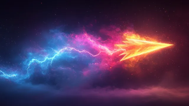 Colorful energy lightning streaks converging on a sharp arrow-shaped graphic