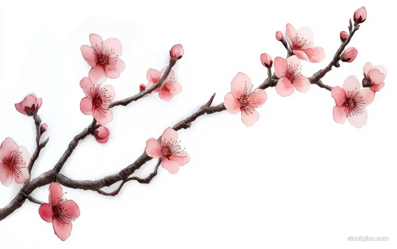 Pink cherry blossom branch with blooming flowers and buds against a clean white background.