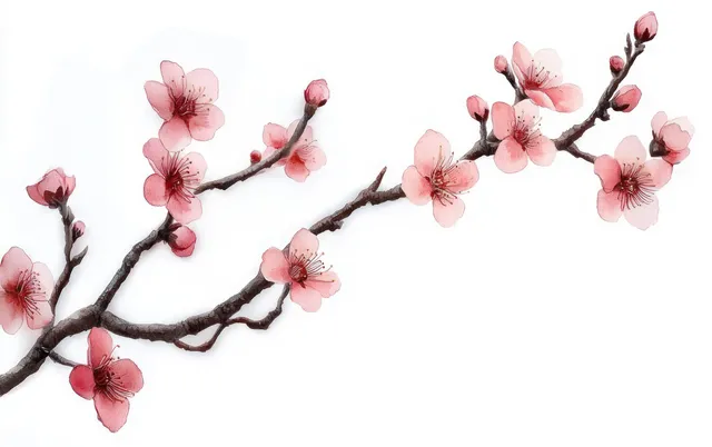 Pink cherry blossom branch with blooming flowers and buds against a clean white background.