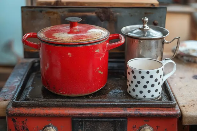 Red enamel pot and metal lidded container rest on a rusty stovetop beside a white polka-dot ceramic cup.