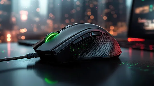 Black wired gaming mouse with green glowing scroll wheel on a reflective desk with blurred lights behind it.