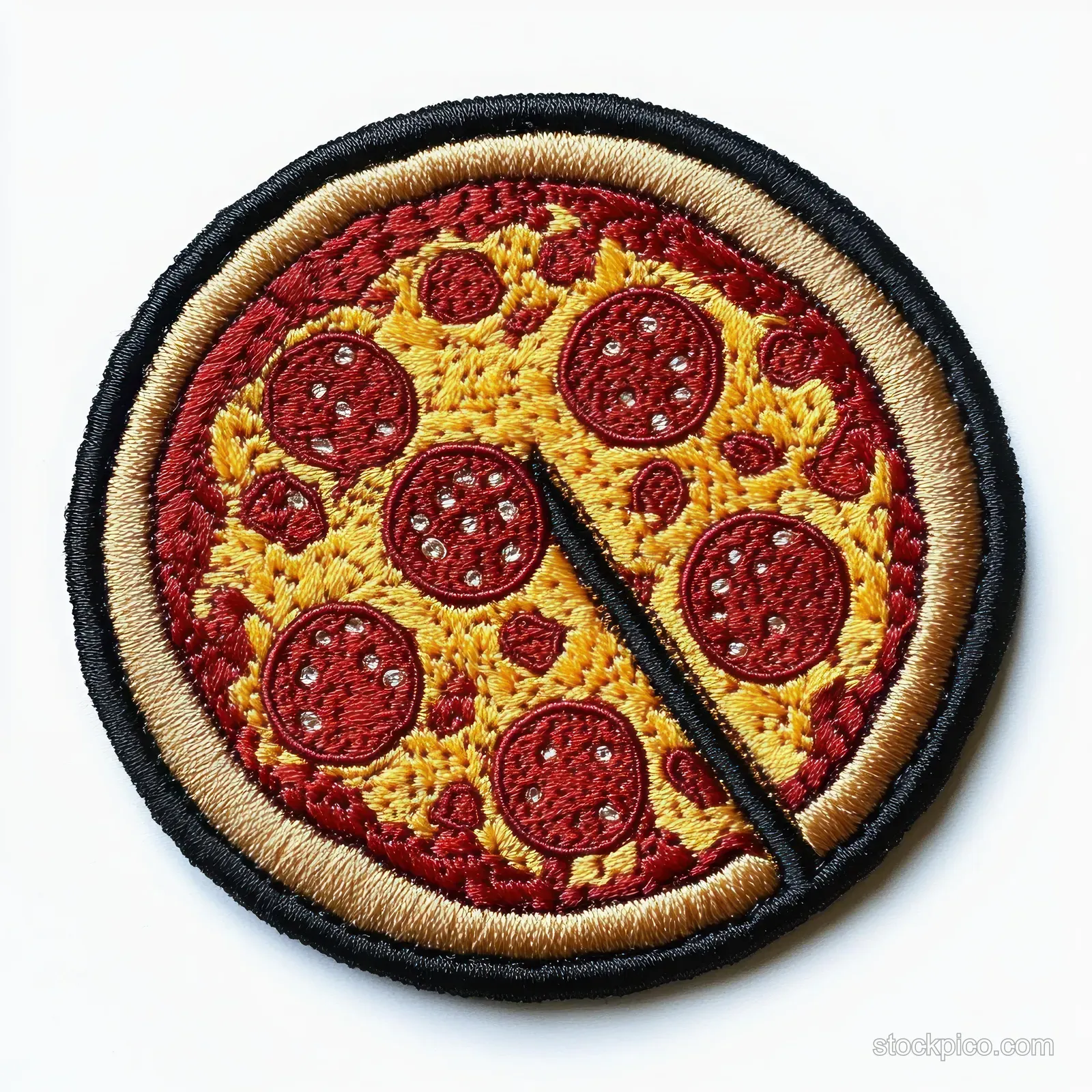 Circular embroidered patch of pepperoni pizza with one slice slightly separated and detailed red, yellow, and tan thread stitching.