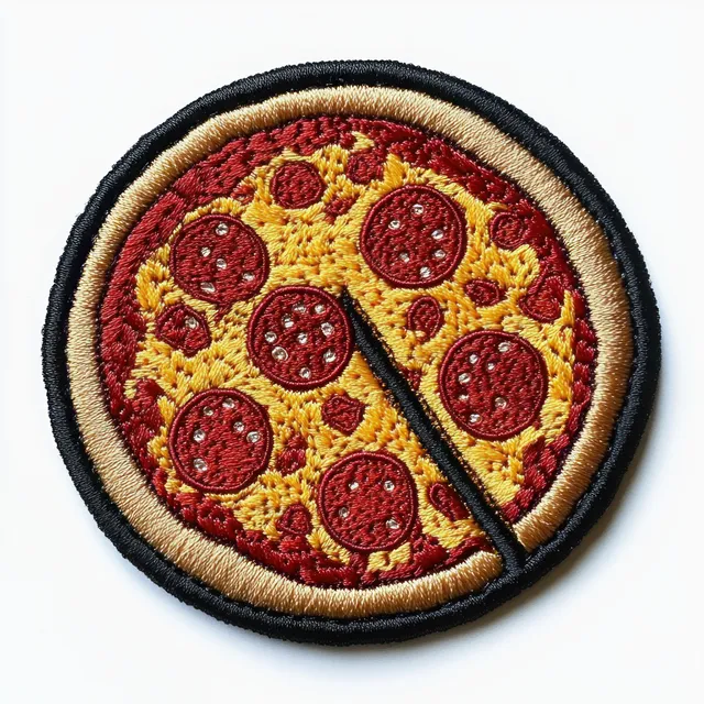 Circular embroidered patch of pepperoni pizza with one slice slightly separated and detailed red, yellow, and tan thread stitching.